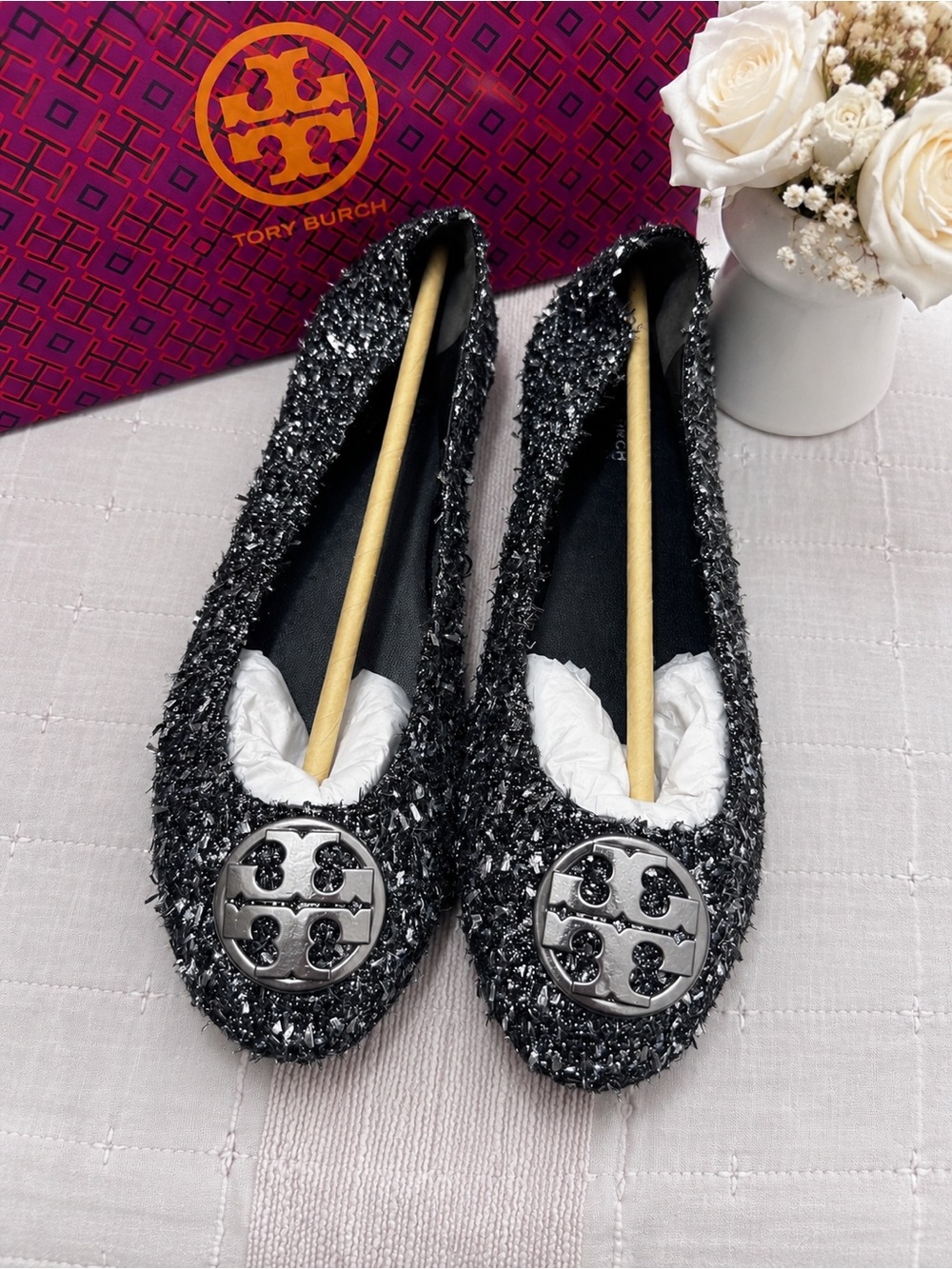 Tory Burch Silver-Accent Black Tweed Logo Ballet Flats